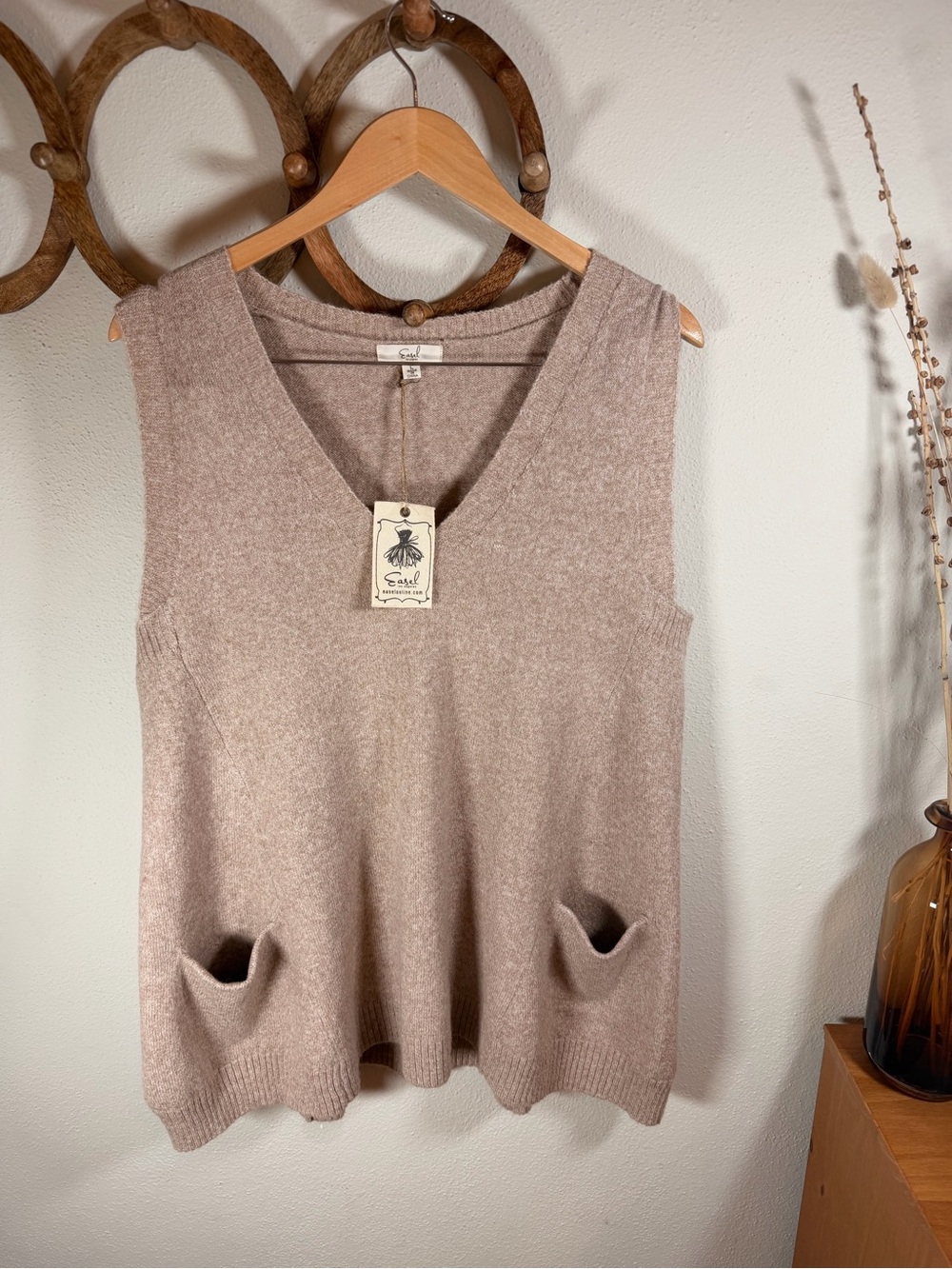 Easel Oversized Sweater Vest V-Neck Pocket Knit Taupe Large